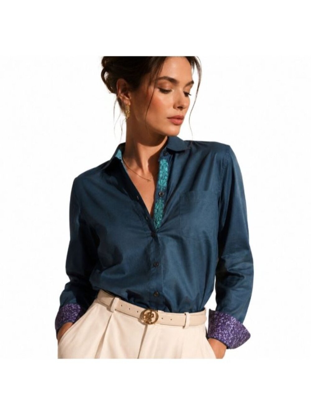Robert Graham Willow Teal Slim Fit Button Up Shirt Womens L Floral Cuffs NWT
